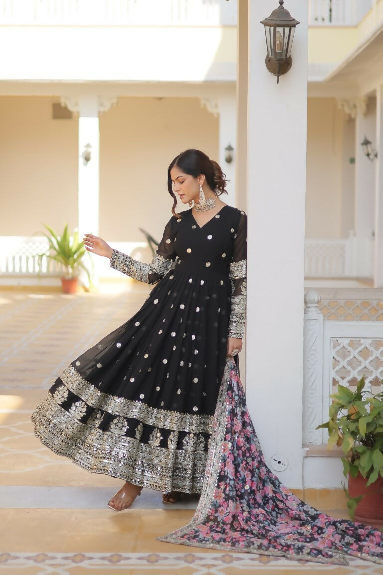 Jyoti Fashion Women's Black Faux Georgette Sequins Zari Embroideredy Anarkali Dress with Dupatta - Distacart