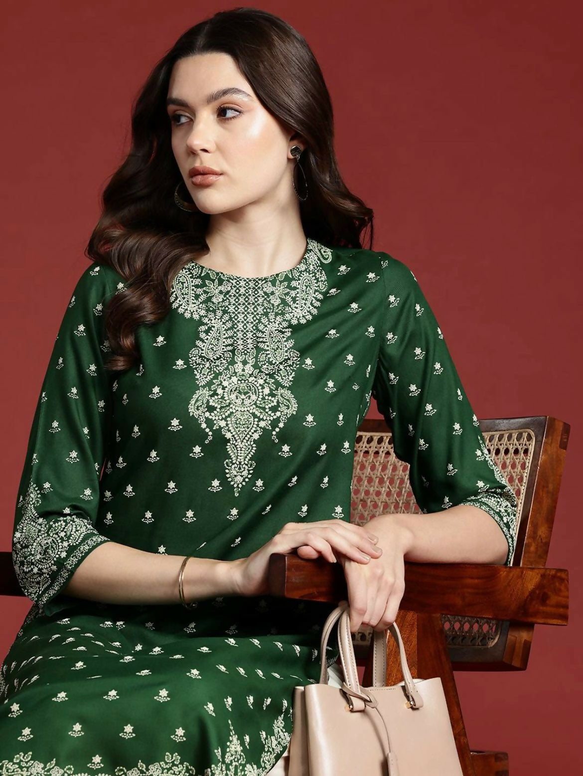 Cheera Women Stylish Hand Block Printed Cotton Blend Flared Kurta - Green - Distacart
