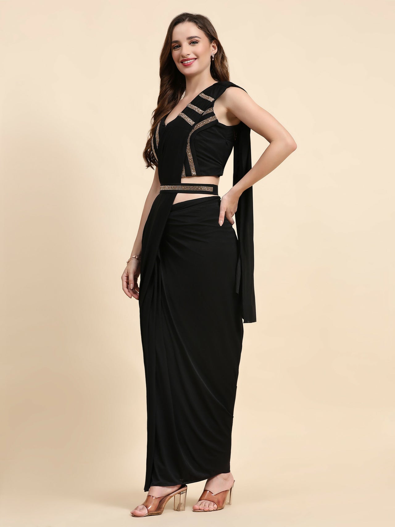 Black Polyester Solid Ready to Wear Saree with stitched Blouse - Nita - Distacart