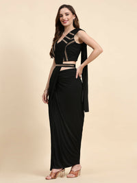 Thumbnail for Black Polyester Solid Ready to Wear Saree with stitched Blouse - Nita - Distacart