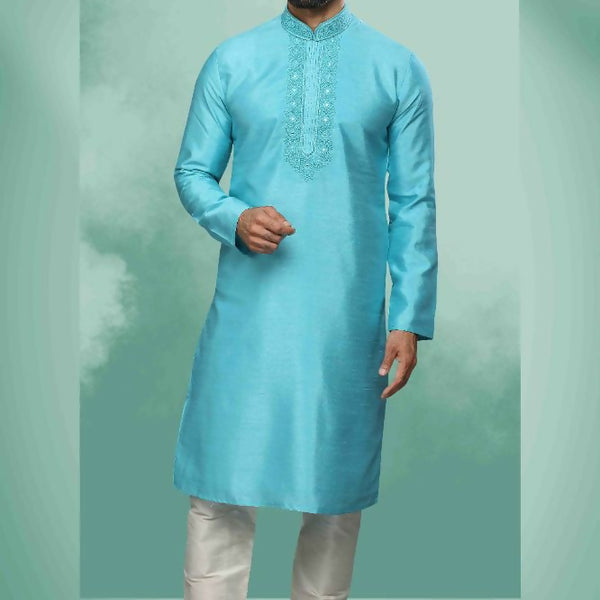 Raivat Ethnic Art Silk Mirror Embroidery Work Kurta Pajama In Sky Blue Colour - Dista