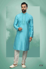 Thumbnail for Raivat Ethnic Art Silk Mirror Embroidery Work Kurta Pajama In Sky Blue Colour - Dista