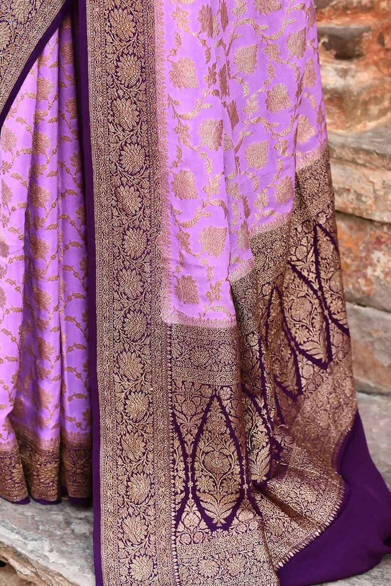 Joban Fashion Lavender Crepe Chiffon Pure Handloom Banarasi Silk Saree