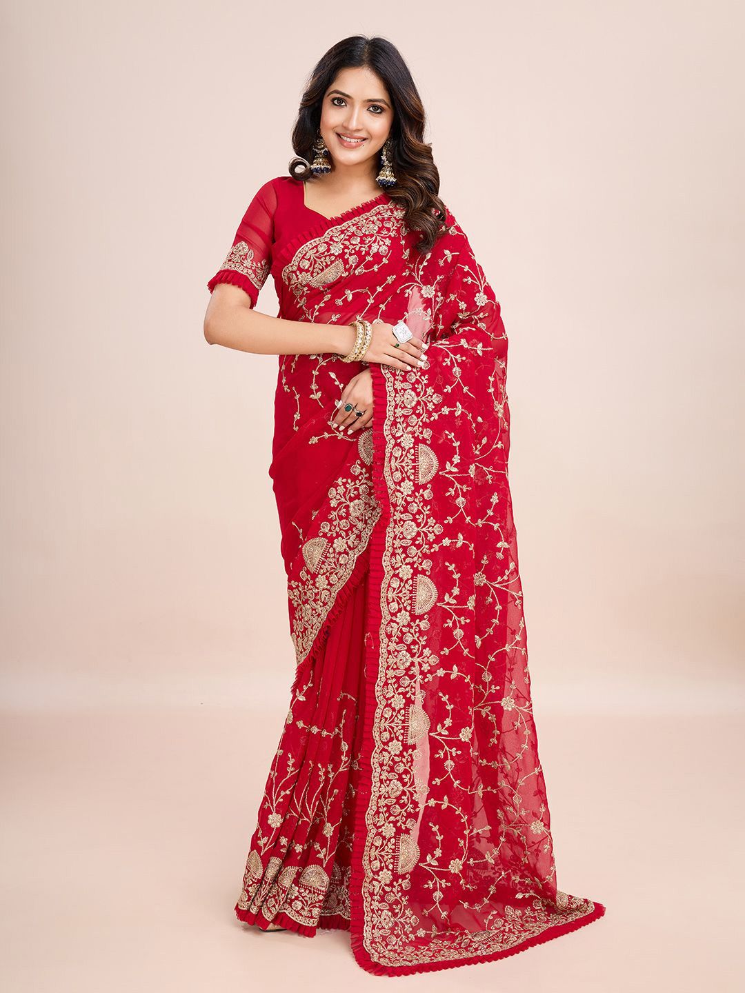 kasee Floral Embroidered Pure Georgette Ready to Wear Saree - Distacart