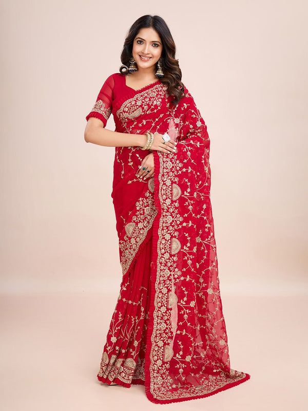 kasee Floral Embroidered Pure Georgette Ready to Wear Saree - Distacart
