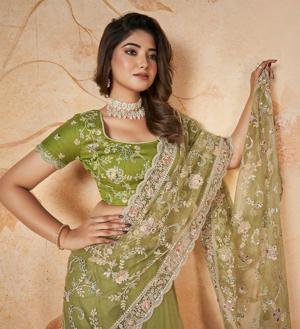Green Net Sequence & Cord Embroidered Saree - Mohmanthan Dakshika - Distacart