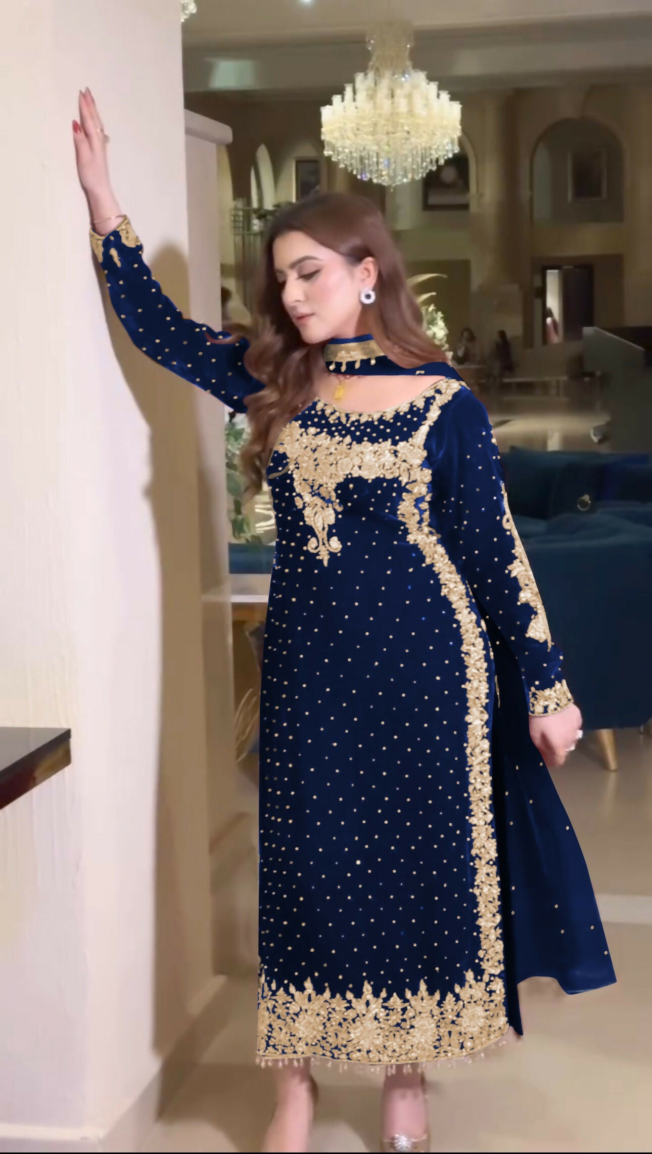 Joban Fashion Blue Velvet Sequence Embroidery Work Kurta Set