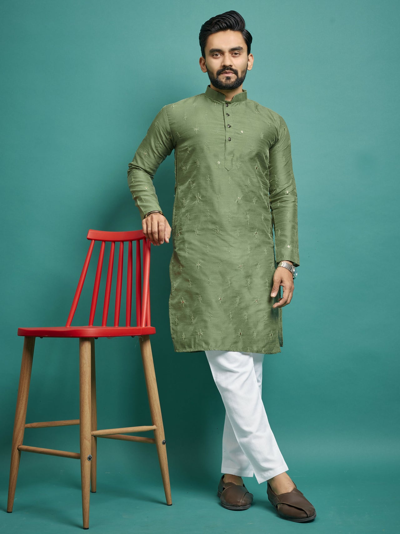 Party Wear Stitched Green Kurta Pajama For Men by Infinity Export - Distacart