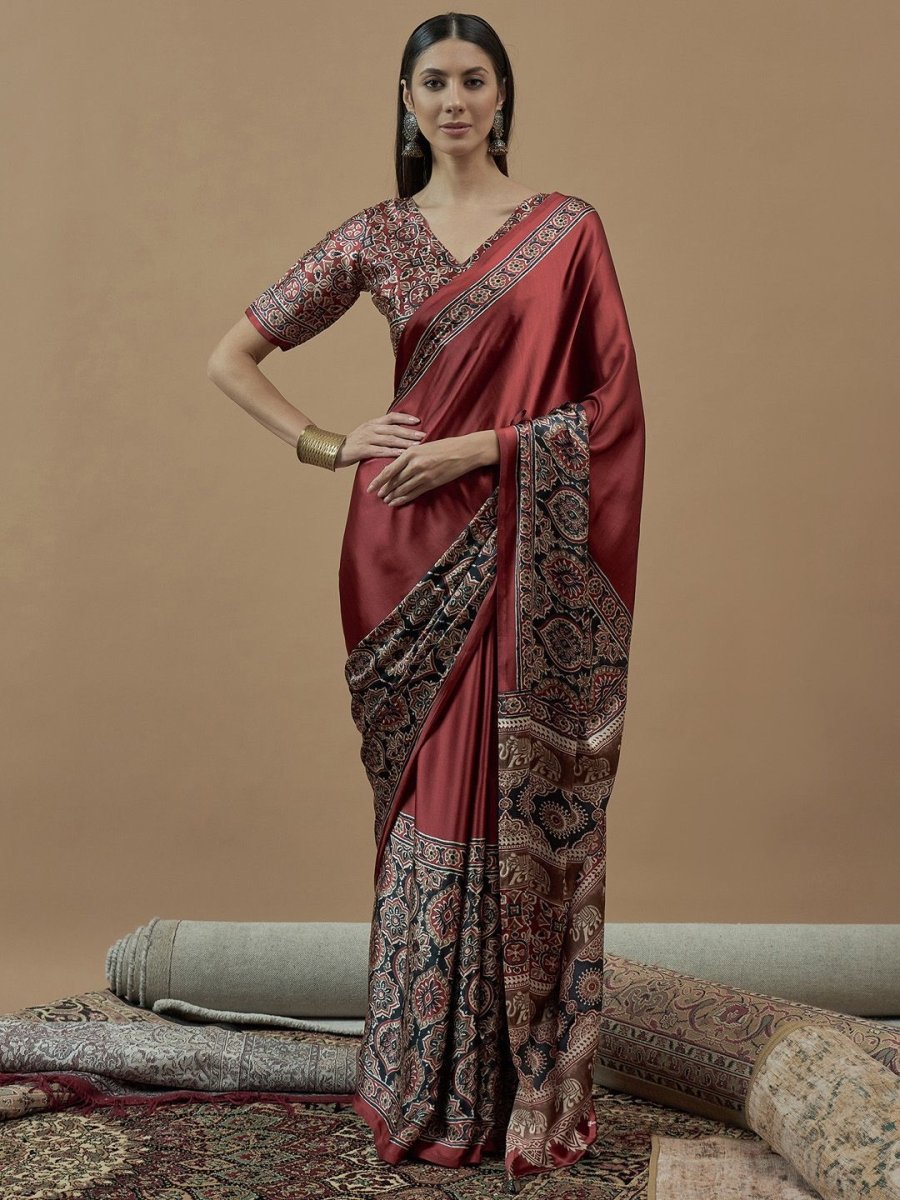 Anouk Ajrak Block Poly Crepe Block Print Saree - Distacart