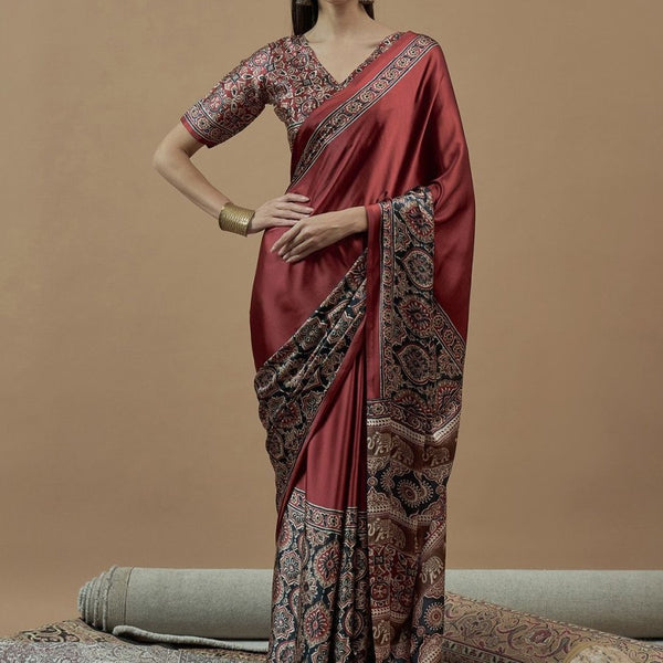 Anouk Ajrak Block Poly Crepe Block Print Saree - Distacart