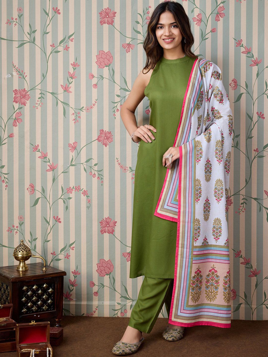 Ode by House of Pataudi Round Neck A-Line Kurta with Trousers & Dupatta - Distacart
