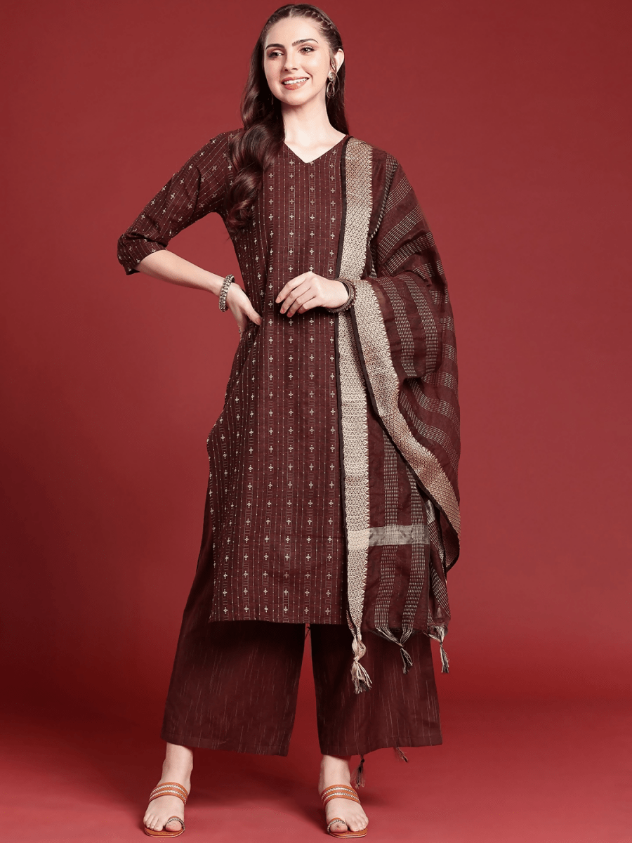Anouk Ethnic Motifs Embroidered Regular Thread Work Kurta with Palazzos & Dupatta - Distacart