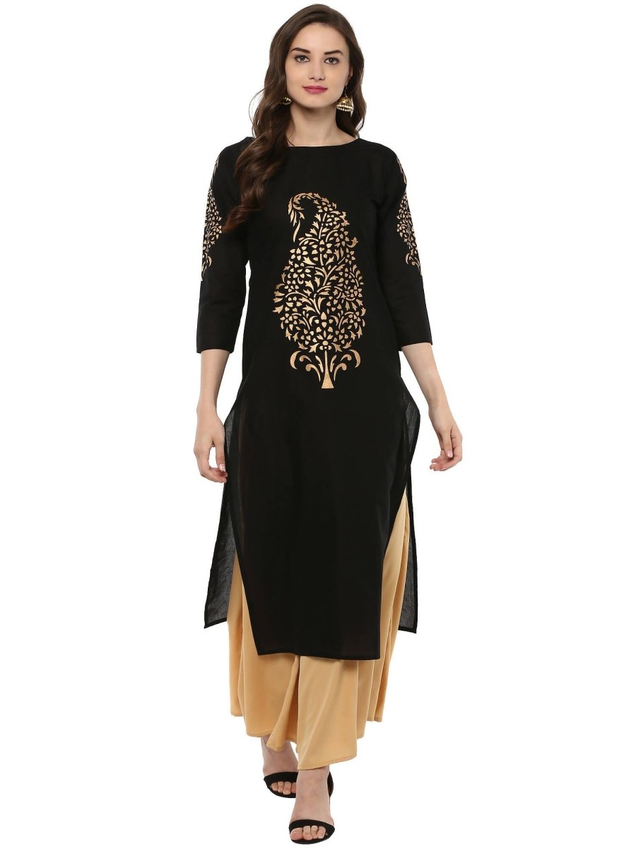 Ahalyaa Black Chanderi Gold Print Kurta - Distacart