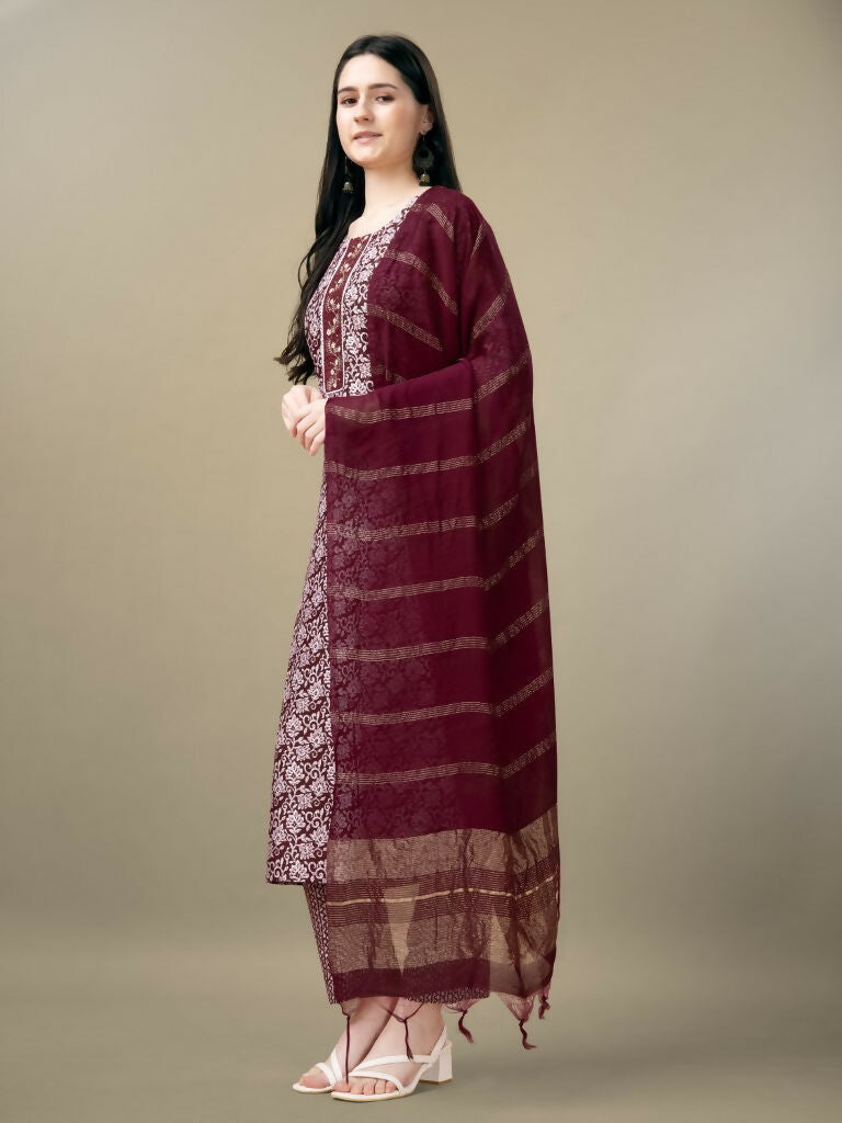 Jyoti Fashion Women's Maroon Rayon Embroidery & Sequence work Kurta with Trouser & Dupatta - Distacart