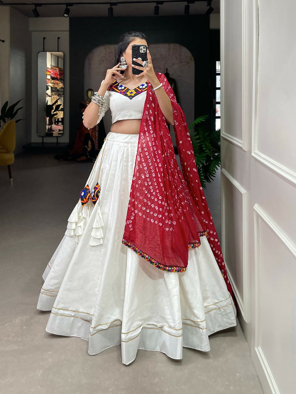 Vastranavya Navaratri Special Pure Cotton Plain With Gotta Patti Touch Up Lehenga Stitched Choli - White - Distacart
