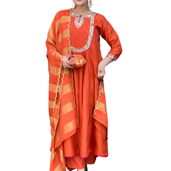 The52 Rust Women's Gorgeous Embroidered Work Chanderi Fabric Flared Kurta Pant and Dupatta Set