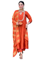 Thumbnail for The52 Rust Women's Gorgeous Embroidered Work Chanderi Fabric Flared Kurta Pant and Dupatta Set
