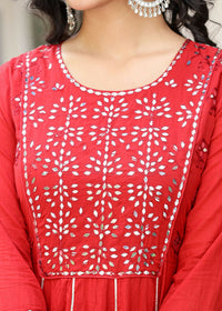 Thumbnail for Kaajh Women's Red Mirror Embroidered Cotton Ethnic Dress - Distacart