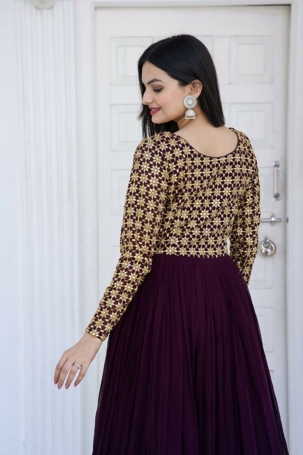 Jyoti Fashion Women's Wine Sequence Zari Embroidered Faux Blooming Anarkali Dress - Distacart