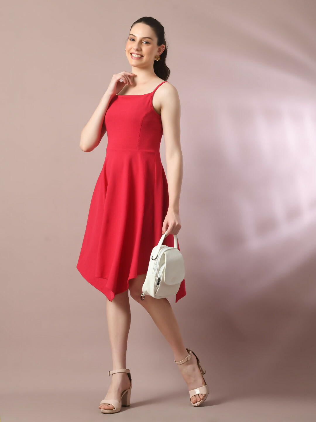 Myshka Women's Pink Solid Shoulder Straps Fit and Flare Party Dress - Distacart