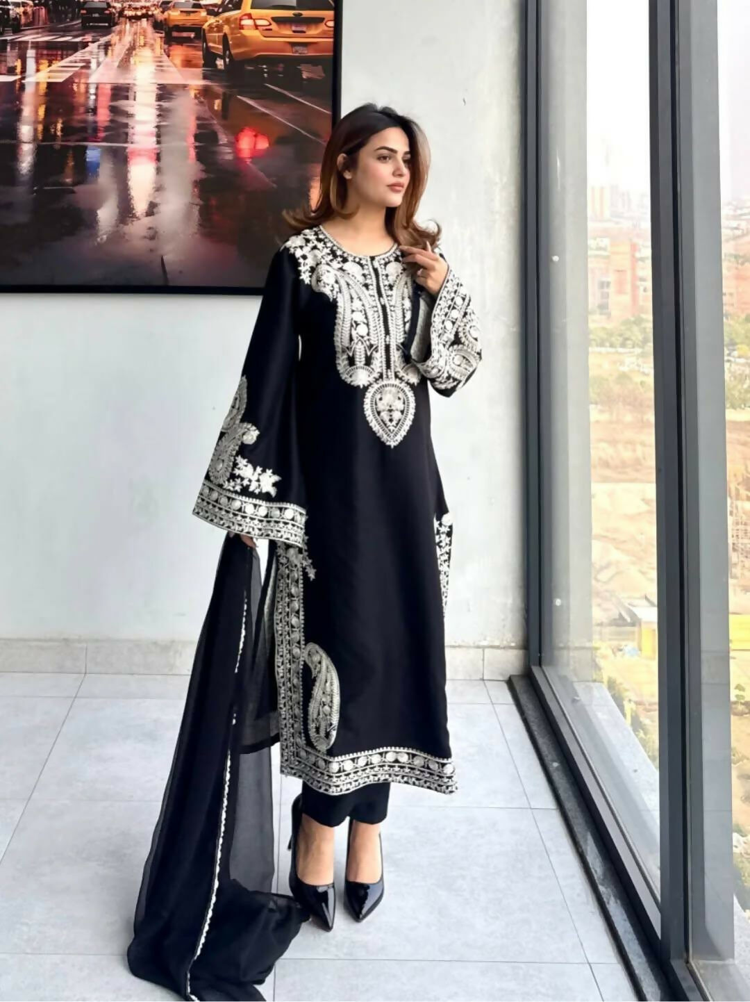 Teeya Creation Womenes New Trendy Heavy Embroidery Work Kurta Palazzo Set - Black - Dista