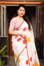 Thumbnail for White Kota Silk Printed Saree with Unstitched Blouse - Hiral Fashion - Distacart