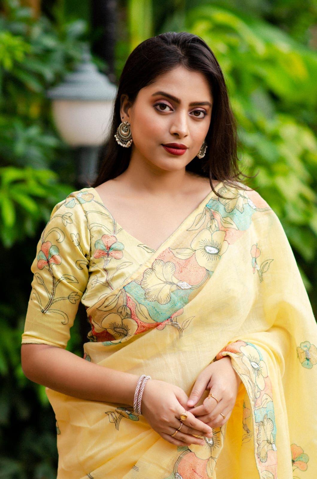 Yellow Pure Linen Ethnic Motifs Saree with Unstitched Blouse - Hiral Fashion - Distacart