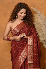 Thumbnail for Very Much Indian Modal Silk Ajrakh Handblock Printed Natural Dyes With Designer Border Saree - Red - Distacart