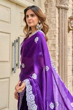 Thumbnail for Vastranavya Purple-Blue Embroidery Work Shimmer Chiffon Saree with Unstitched Blouse