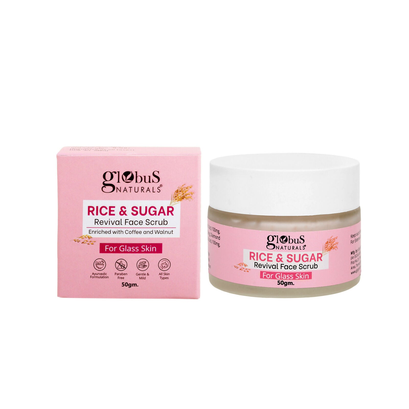 Globus Naturals Rice & Sugar Revival Face Scrub, For Korean Glass Skin