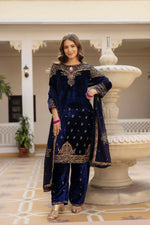 Thumbnail for Teeya Creation Blue Color Pure Velvet Embroidery Work Wedding Wear Salwar Suit - Distacart