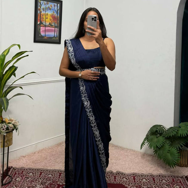 Teeya Creation Blue Color Chinon Silk Wedding Wear Ready To Wear Saree With Koti - Distacart