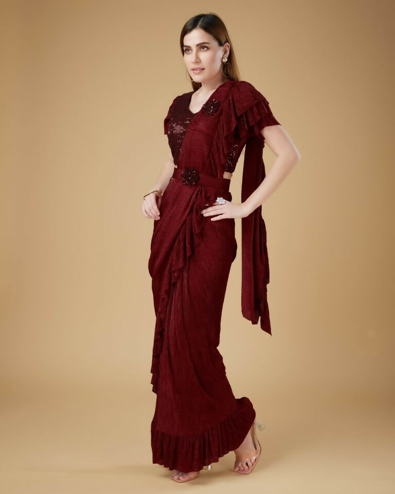 Maroon Imported Crush Solid Ready to Wear Saree with stitched Blouse - Aayan - Distacart