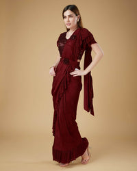 Thumbnail for Maroon Imported Crush Solid Ready to Wear Saree with stitched Blouse - Aayan - Distacart