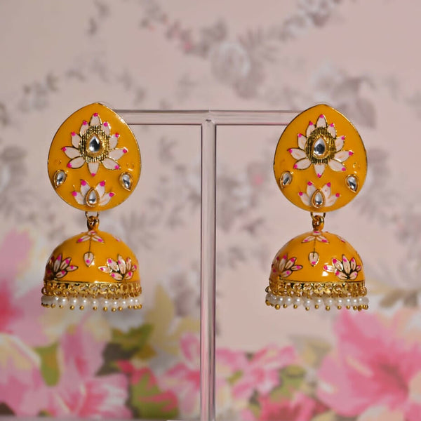 Yellow Hand Painted Ethnic Meenakari Jhumki Earrings By House of Ree - Distacart