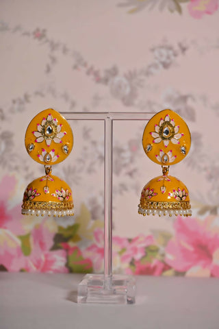 Yellow Hand Painted Ethnic Meenakari Jhumki Earrings By House of Ree - Distacart