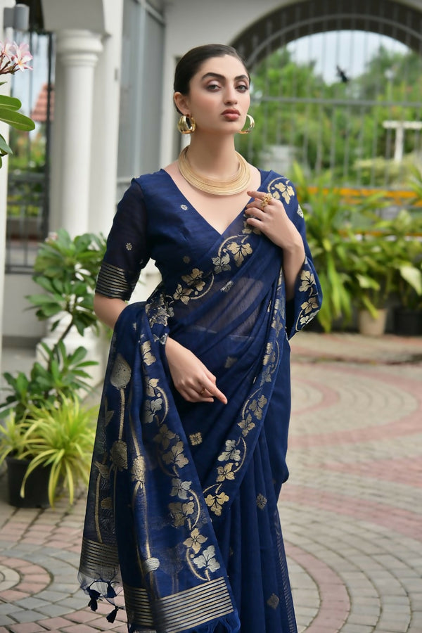 Vishnu Weaves Women's Blue Linen Silk Zari Weaving Saree with Blouse