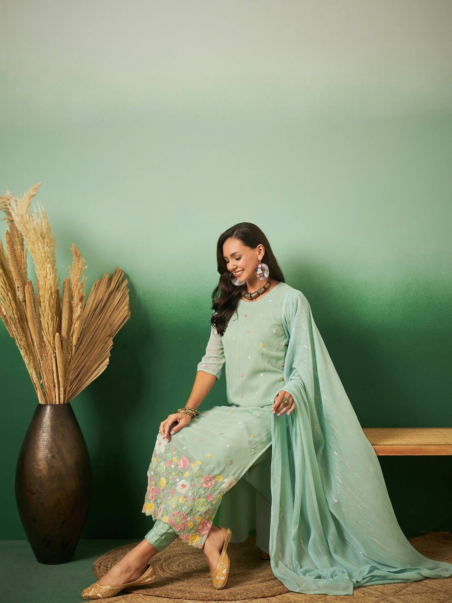 Aqua Blue Georgette Handwork Unstitched Dress Material - Hanika - Distacart
