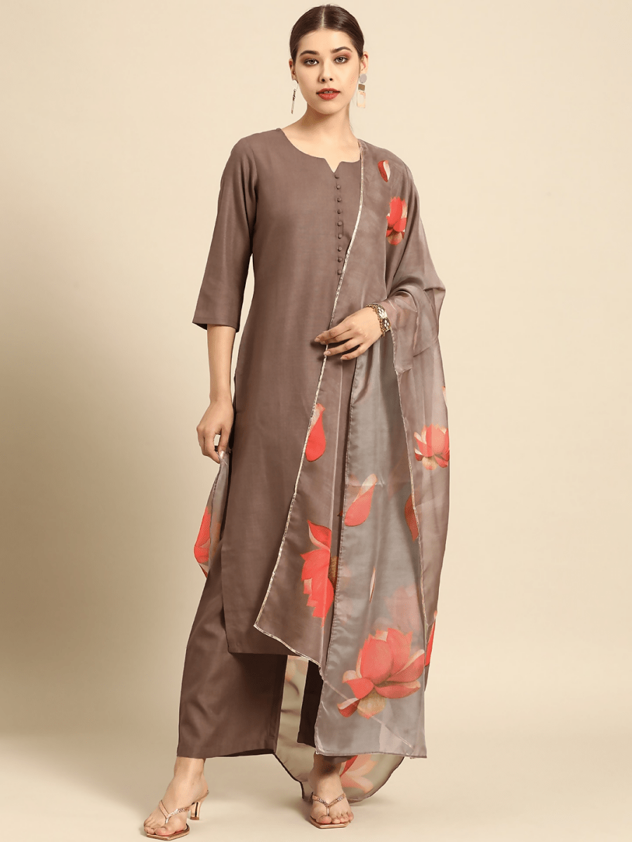 Anouk Women Brown Solid Straight Kurta with Palazzos & With Dupatta - Distacart