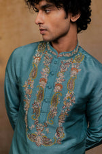 Thumbnail for Falling Raw Silk Green Paisley Zari Kurta Set By Hilo Design