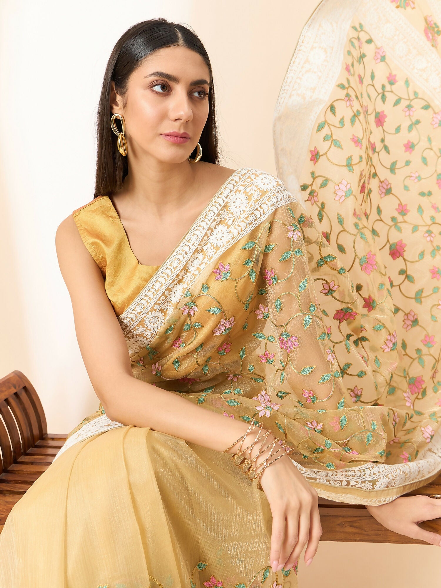 Beige Organza Floral Embroidered Saree with Unstitched Blouse Piece - Roozal - Distacart