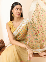Thumbnail for Beige Organza Floral Embroidered Saree with Unstitched Blouse Piece - Roozal - Distacart