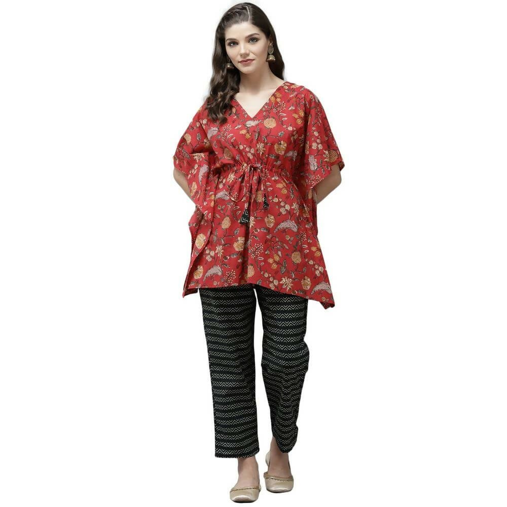 Anubhutee Women's Cotton Regular Ethnic Motifs Printed Red Kurti with Trousers - Distacart