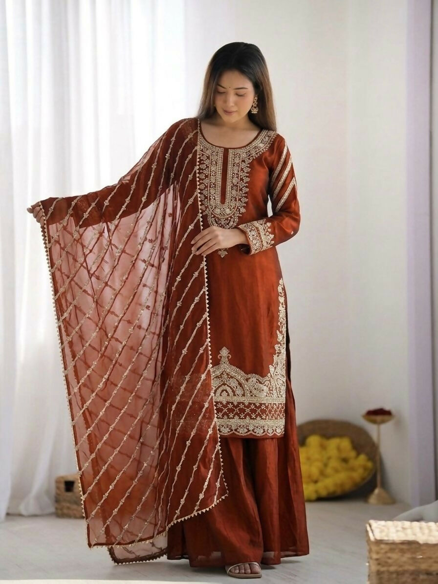 Teeya Creation New latest Trendy Embroidery Beads Work Kurta Sharara Set - Orange - Dista