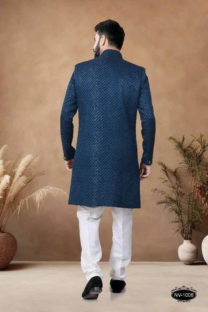 Joban Fashion Men's Blue Straight Silk Thread & Sequence Embroidery All Over Indo-Western Kurta Set - Distacart