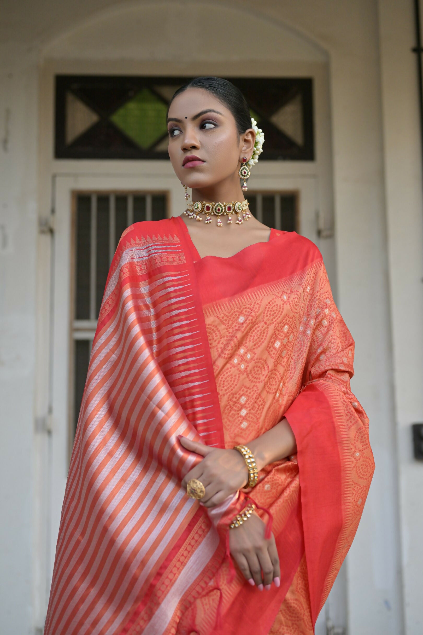 Vishnu Weaves Women's Orange Raw Silk Saree with Blouse - Distacart