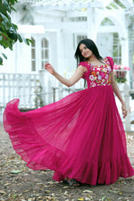 Thumbnail for Jyoti Fashion Women's Rani Pink Sequins Thread Embroidery Faux Blooming Anarkali Dress - Distacart