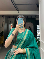 Thumbnail for Vastranavya Floral Print With Foil Print Tussar Silk Lehenga with Unstitched Blouse - Sea Green - Distacart