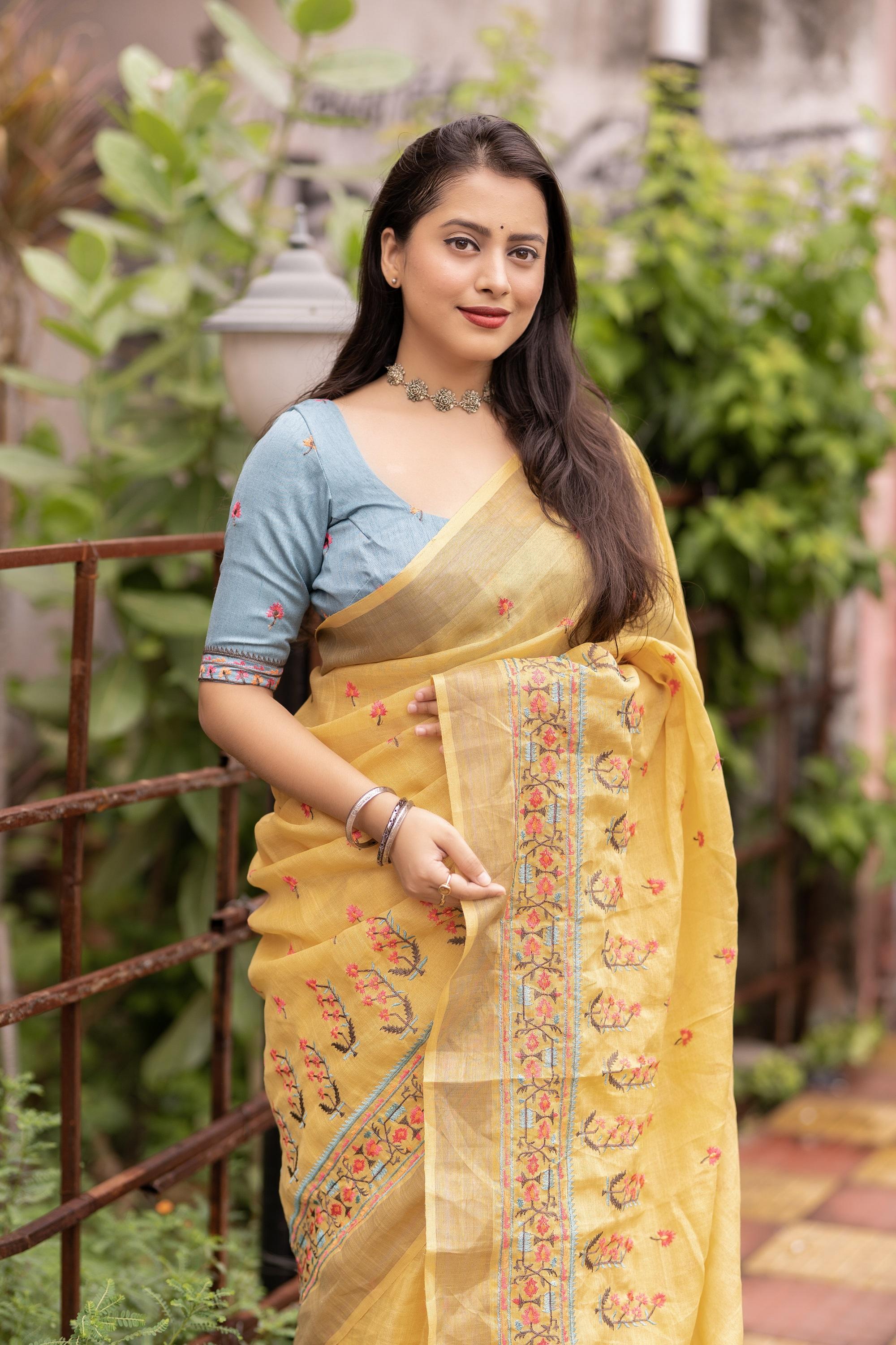 Yellow Pure Linen Ethnic Motifs Saree with Unstitched Blouse - Hiral Fashion - Distacart
