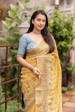 Thumbnail for Yellow Pure Linen Ethnic Motifs Saree with Unstitched Blouse - Hiral Fashion - Distacart